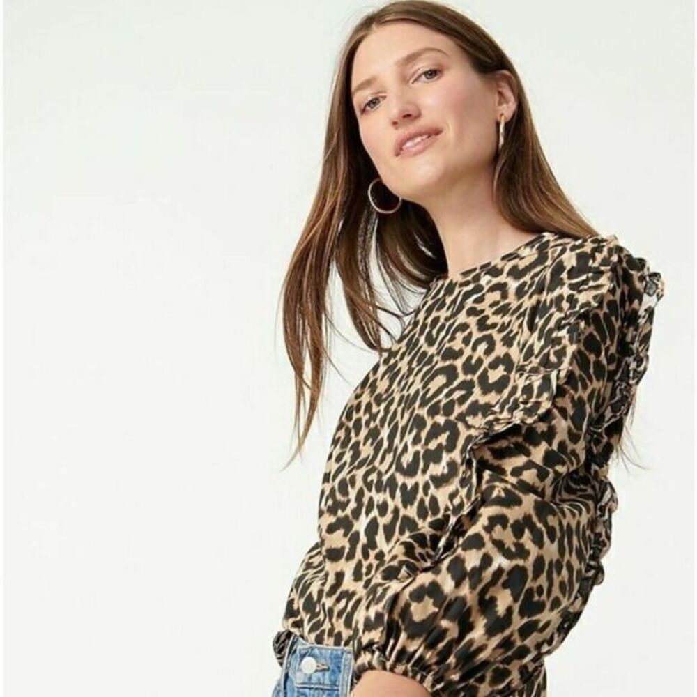 J.CREW Leopard Print Ruffle Sleeve Top Blouse  NWT XS